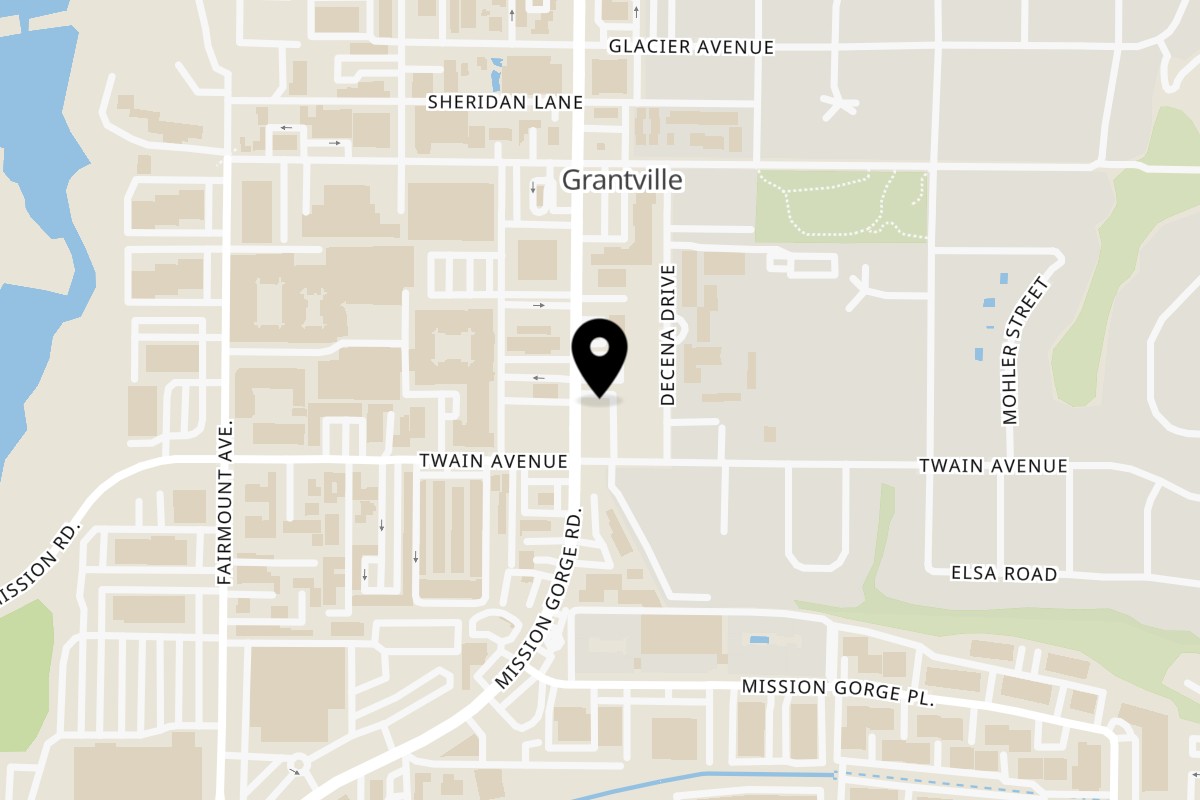 Map showing the location of Poke Chop Mission Gorge on 6109 Mission Gorge Rd in San Diego